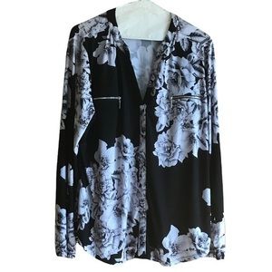 INC Womens Floral Print V-Neck Top Black XL